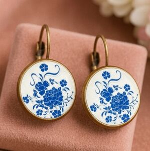 Blue White Floral Porcelain Drop Earrings Cottagecore Vintage Style